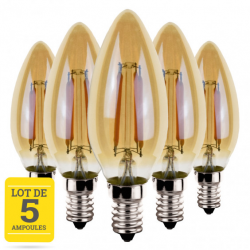 Lot de 5 ampoules LED flamme à filaments E14 4W blanc neutre - Verre ambré - variable