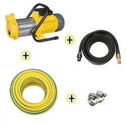 Pack Tuyau d’arrosage Ø15mm 25m + Pompe de Surface Multicellulaire 900W + Kit d'Aspiration 7m Ø25mm + Colliers de serrage