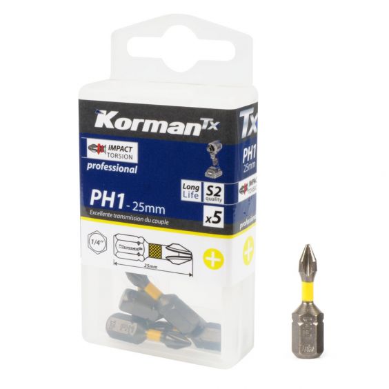 Jeu de 5 Embouts Cruciforme Impact Torsion PH1 25mm KORMAN TX