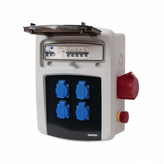 Coffret de chantier avec 4 prises monophasées + 1 Prise Tétrapolaire 32A OHMTEC