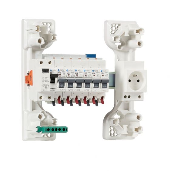 Tableau électrique équipé et câblé NF logement T1 neuf 1 différentiel 63A + 6 disjoncteurs auto 4.5kA + 1 prise 2P+T 16A NALTO