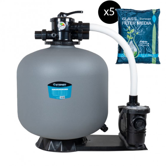 Groupe de filtration 1.5CV 22m³/h Ø635mm vanne Top 6 voies + Verre filtrant 0,5-1,0mm 5x25 Kg
