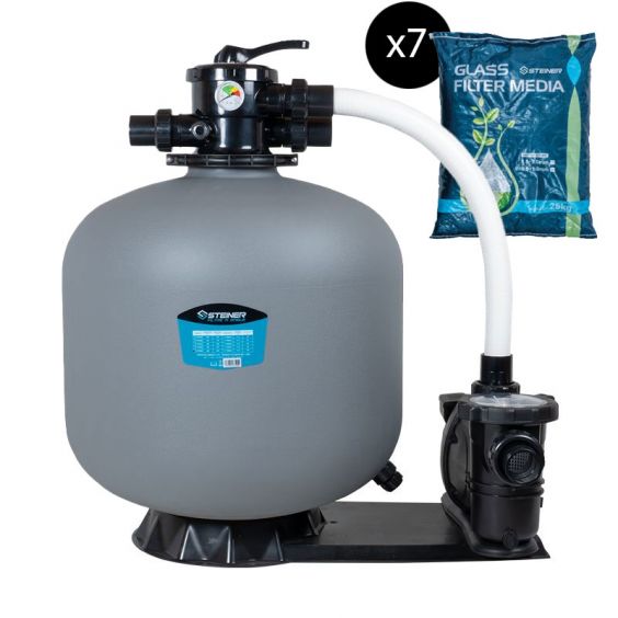 Groupe de filtration 2.2CV 27m³/h Ø710mm vanne Top 6 voies + Verre filtrant 0,5-1,0mm 7x25 Kg