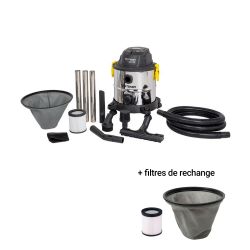 Aspirateur eau et poussières 20L inox 1200W sans sac + 2 filtres de rechange STEINER