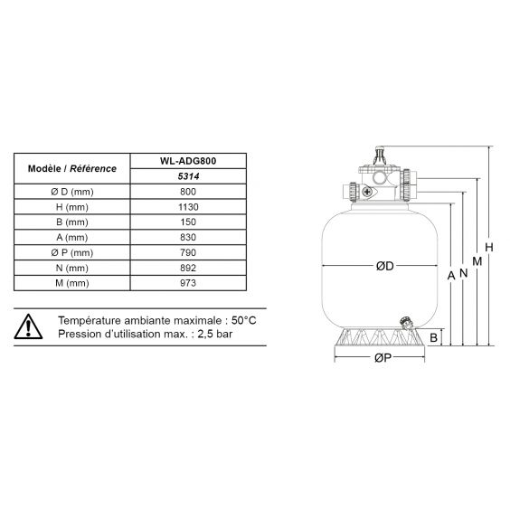 Filtre à sable renforcé de fibre de verre Ø800mm 25m³/h vanne 2" Top 6 voies + Verre filtrant 0,5-1,0mm 8x25 Kg