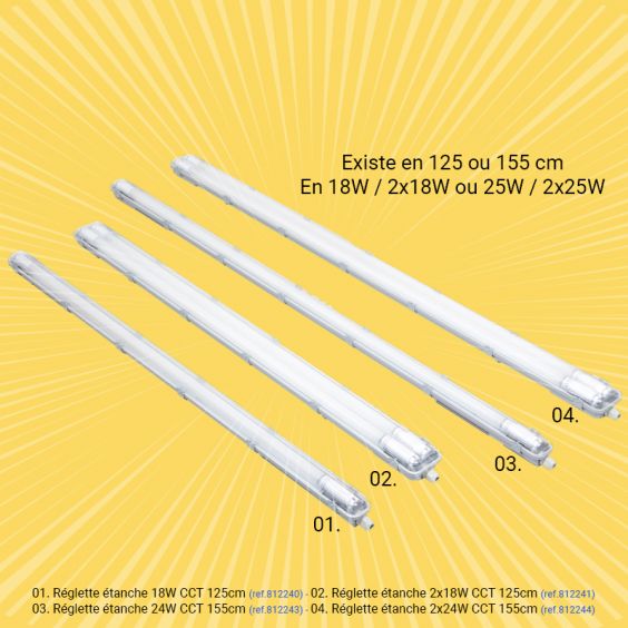 Réglette étanche à tubes LED 2x24W CCT 155cm IP65 WOLTZ