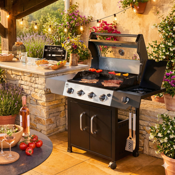 Barbecue gaz ROSTER 5 brûleurs premium dont 1 latéral avec plancha et grille de cuisson combinées