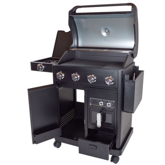 Barbecue gaz ROSTER 5 brûleurs dont 1 latéral avec plancha et grilles de cuisson combinées + Air Fryer 6L 1700W