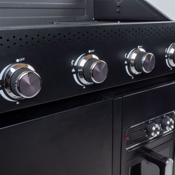 Barbecue gaz ROSTER 5 brûleurs dont 1 latéral avec plancha et grilles de cuisson combinées + Air Fryer 6L 1700W