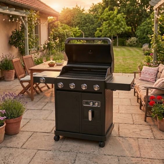 Barbecue gaz ROSTER 5 brûleurs dont 1 latéral avec plancha et grilles de cuisson combinées + Air Fryer 6L 1700W