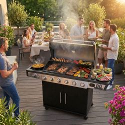 Barbecue gaz 7 brûleurs dont 1 latéral avec planchas et grilles de cuisson combinées ROSTER 